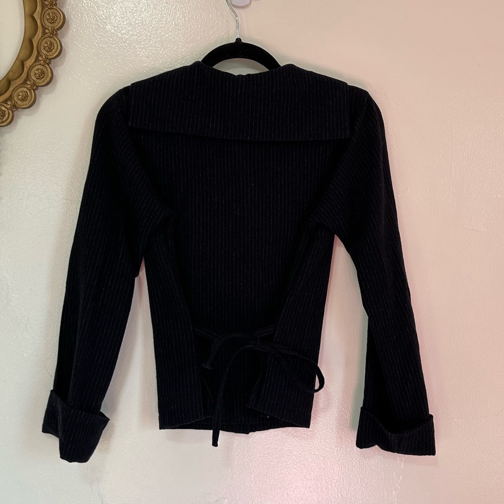 Agnes B Wool Blend Navy Pinstripe Snap Front Sweater, Tie Waist, US Size 4 - Picture 6 of 11